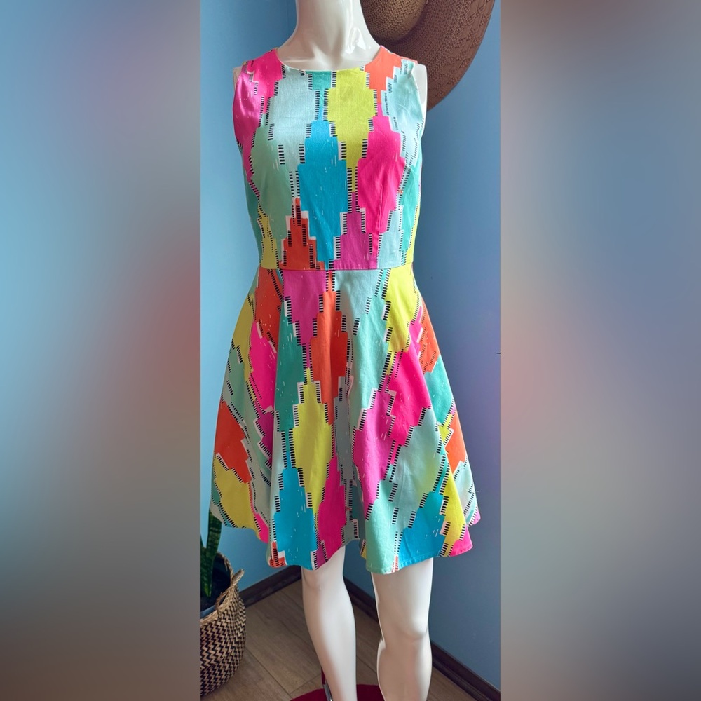 CeCe Bright Multicolor Geometric Fit-and-Flare Dress